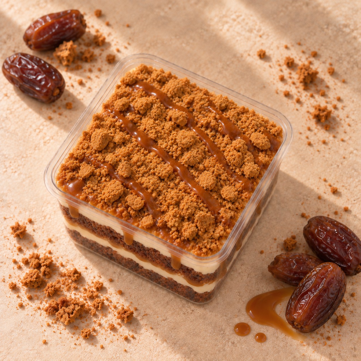 Sticky Toffee layered dessert with a biscoff crumble