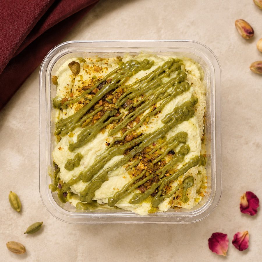 A Persian Love Story dessert, styled with rose petals and cardamom